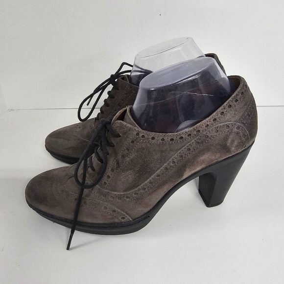 Pons Quintana Gray Wingtip Oxfords Heels Suede Preppy Retro 39 (8.5) - Picture 1 of 12
